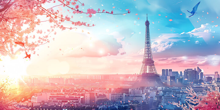 Paris skyline with white wallpaper border and creative graphic design in sunlight effect