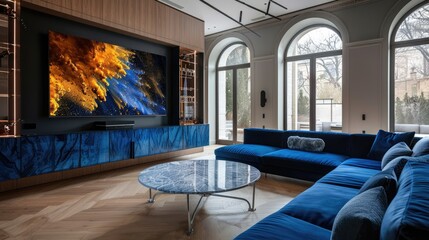 A sophisticated luxury TV lounge with a deep blue velvet sectional sofa