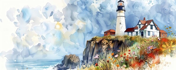 Watercolor illustration of a lighthouse on a cliff with wildflowers, copy space for text