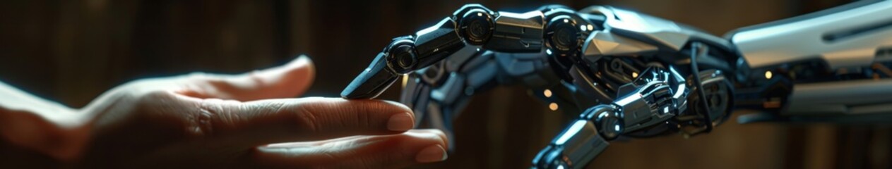 Fototapeta premium Abstract Wallpaper Featuring a Human Finger Gently Touching a Robotic Metal Finger Against a Blurred Cosmic Background, Symbolizing Harmony Between Humanity and AI Technology, AI-Generated 4K High-Def