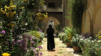 A nun walking gracefully through a flower-filled courtyard
