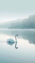 Fototapeta premium A serene swan gliding gracefully across a still lake at dawn, with soft morning light reflecting off the water