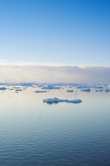 Antarctica, climate change and frost with iceberg in ocean for cold ecosystem of environment in winter season. Earth, frozen and sky with glacier in sea for conservation of ecology in mother nature