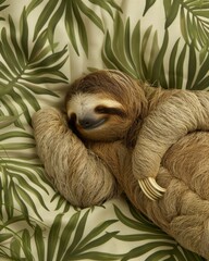 Fototapeta premium World Animal Day Celebration: Serene Sloth Sleeping Amidst Lush Green Foliage in a Vibrant Forest Canopy