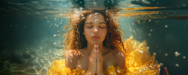 prayer underwater. young woman in black bikini in yoga position underwater in diving aquarium, full body shot, front view through the glass