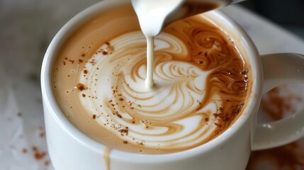 A graceful swirl of cream being added to a cup of coffee