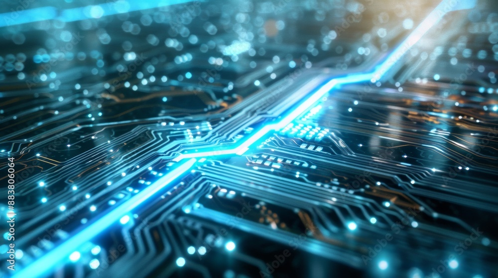 Poster Dynamic Technology Circuit Board with Glowing Lines and Digital Textures in a High-Tech Background Concept