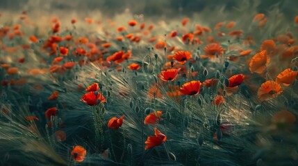 Obraz premium Beautiful field of vibrant red poppy flowers swaying in the breeze, creating a stunning contrast against the green grass in a serene landscape