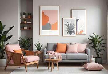 Mockup poster frames on the wall of the room. Modern Interior mockup. Apartment background. Modern Japandi interior design. 3D render