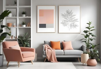 Mockup poster frames on the wall of the room. Modern Interior mockup. Apartment background. Modern Japandi interior design. 3D render