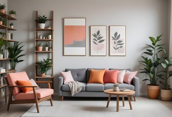 Mockup poster frames on the wall of the room. Modern Interior mockup. Apartment background. Modern Japandi interior design. 3D render