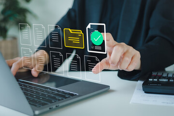 Document management concept. Person use laptop to paperless online approval for business process workflow illustrating management approval and project approve concept.