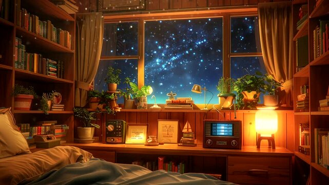 Cozy bedroom with large window showcasing starry night sky and vintage radio on the desk. Home nostalgia concept