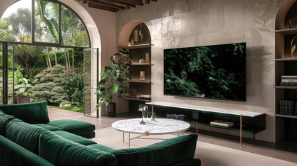 An opulent luxury TV lounge showcasing a deep emerald green velvet sofa
