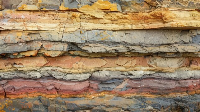 A close-up of a rock face, showing layers of sediment