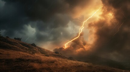 Fototapeta premium A lightning strike igniting dry brush on a hillside