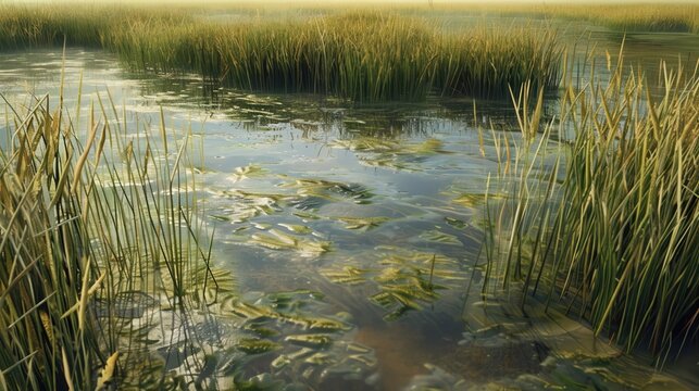 A marshland with reeds growing in the shallow water
