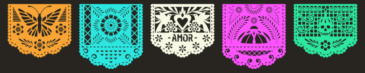 Set of Papel Picado banners. Mexican garlands, fiesta party supplies, party decorations, destination wedding decor.