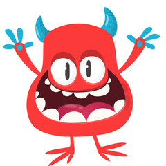 Cartoon cute monster with funny excited face expression waving hands . Vector illustration isolated on white. Halloween design