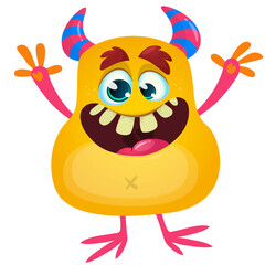 Cartoon cute monster with funny excited face expression waving hands . Vector illustration isolated on white. Halloween design