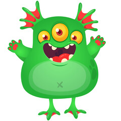 Fototapeta premium Cartoon cute monster with funny excited face expression waving hands . Vector illustration isolated on white. Halloween design