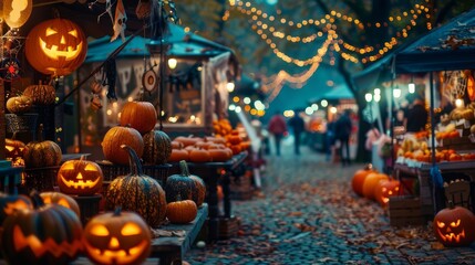 Obraz premium Jack-o'-Lanterns on Display at a Halloween Market.