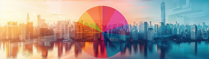 Colorful Pie Chart Overlay on Modern City Skyline at Sunset with Reflections in Water