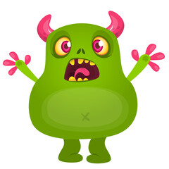 Cartoon cute monster with funny excited face expression waving hands . Vector illustration isolated on white. Halloween design