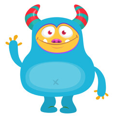 Fototapeta premium Cartoon cute monster with funny excited face expression waving hands . Vector illustration isolated on white. Halloween design