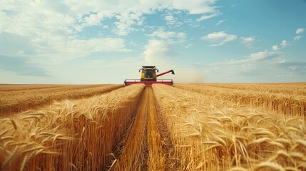 Combine Harvester Working in a Golden Wheat Field Under a Blue Sky with White Clouds