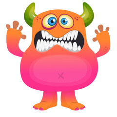 Fototapeta premium Cartoon cute monster with funny excited face expression waving hands . Vector illustration isolated on white. Halloween design