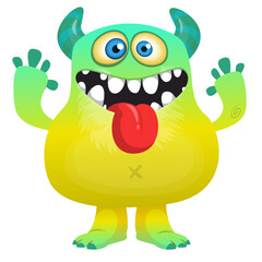 Cartoon cute monster with funny excited face expression waving hands . Vector illustration isolated on white. Halloween design