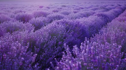 Obraz premium A beautiful sunrise over a vast blooming lavender field, showcasing endless rows of purple flowers with a soft, dreamy ambiance.