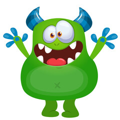 Fototapeta premium Cartoon cute monster with funny excited face expression waving hands . Vector illustration isolated on white. Halloween design