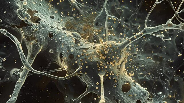 A transmission electron microscopy image of a synapse showing ion channels in the postsynaptic membrane receiving neurotransmitter signals from the presynaptic neuron.