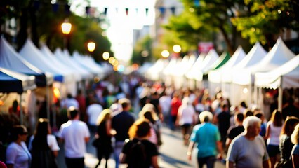 Street Festival Blur: A blurred street festival with tents and crowds, suitable for cultural events and community themes.

