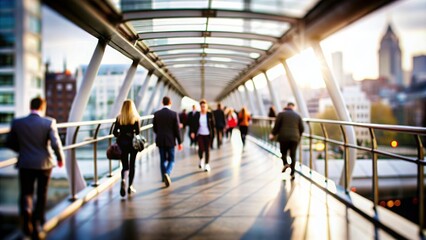 Pedestrian Bridge Blur: A blurred pedestrian bridge with city views and pedestrians, suitable for urban connectivity and transportation themes.
