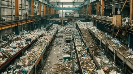 Fototapeta premium Large indoor recycling facility filled with sorted waste materials on conveyer belts, emphasizing industrial waste management practices.