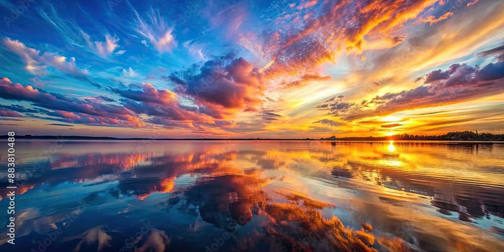 Wall mural A beautiful sunset sky with colorful clouds reflecting in the water , sky, sunset, clouds, reflection, water, nature