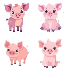 Obraz premium Cute pig vector, simple flat design clip art, pastel colors, white background, in the style of kawaii, pink and purple