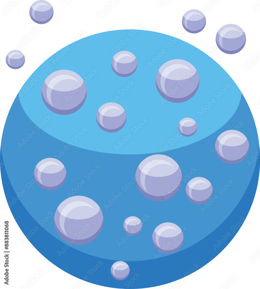 Poster round blue sphere with many bubbles on it and floating around it