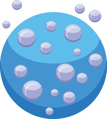 Round blue sphere with many bubbles on it and floating around it