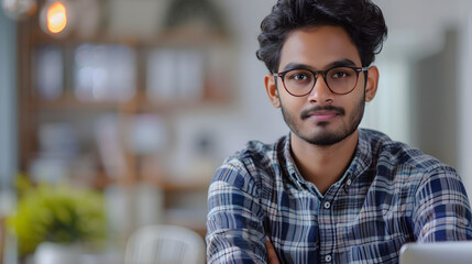 Fototapeta premium Portrait of a young Indian male designer, engineer sitting in the office at the table and looking at the camera