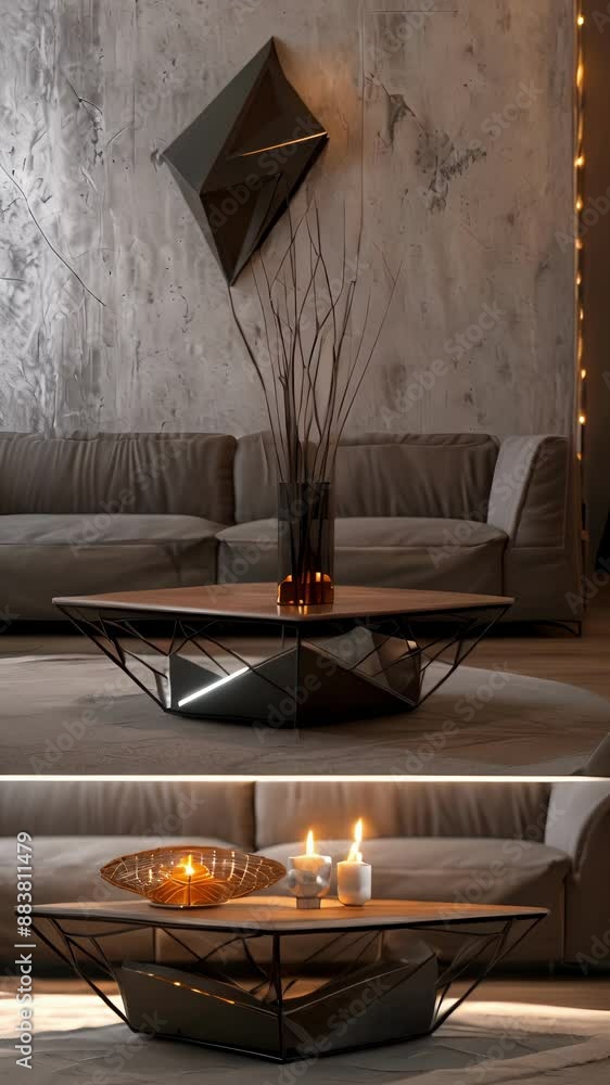 Poster a triangular coffee table with a unique asymmetrical design and metal frame.