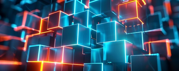 Obraz premium Abstract blue and orange wave background with digital data, circuit board, and tech elements
