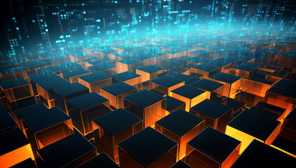 Obraz premium Abstract blue and orange wave background with digital data, circuit board, and tech elements