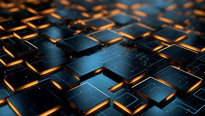 Obraz premium Abstract blue and orange wave background with digital data, circuit board, and tech elements