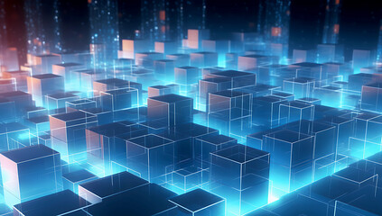 Fototapeta premium Abstract blue and orange wave background with digital data, circuit board, and tech elements