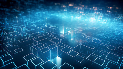 Obraz premium Abstract blue and orange wave background with digital data, circuit board, and tech elements