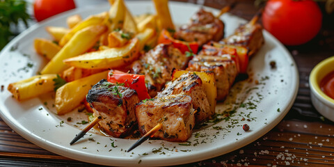 Souvlaki auf Teller mit Beilagen.